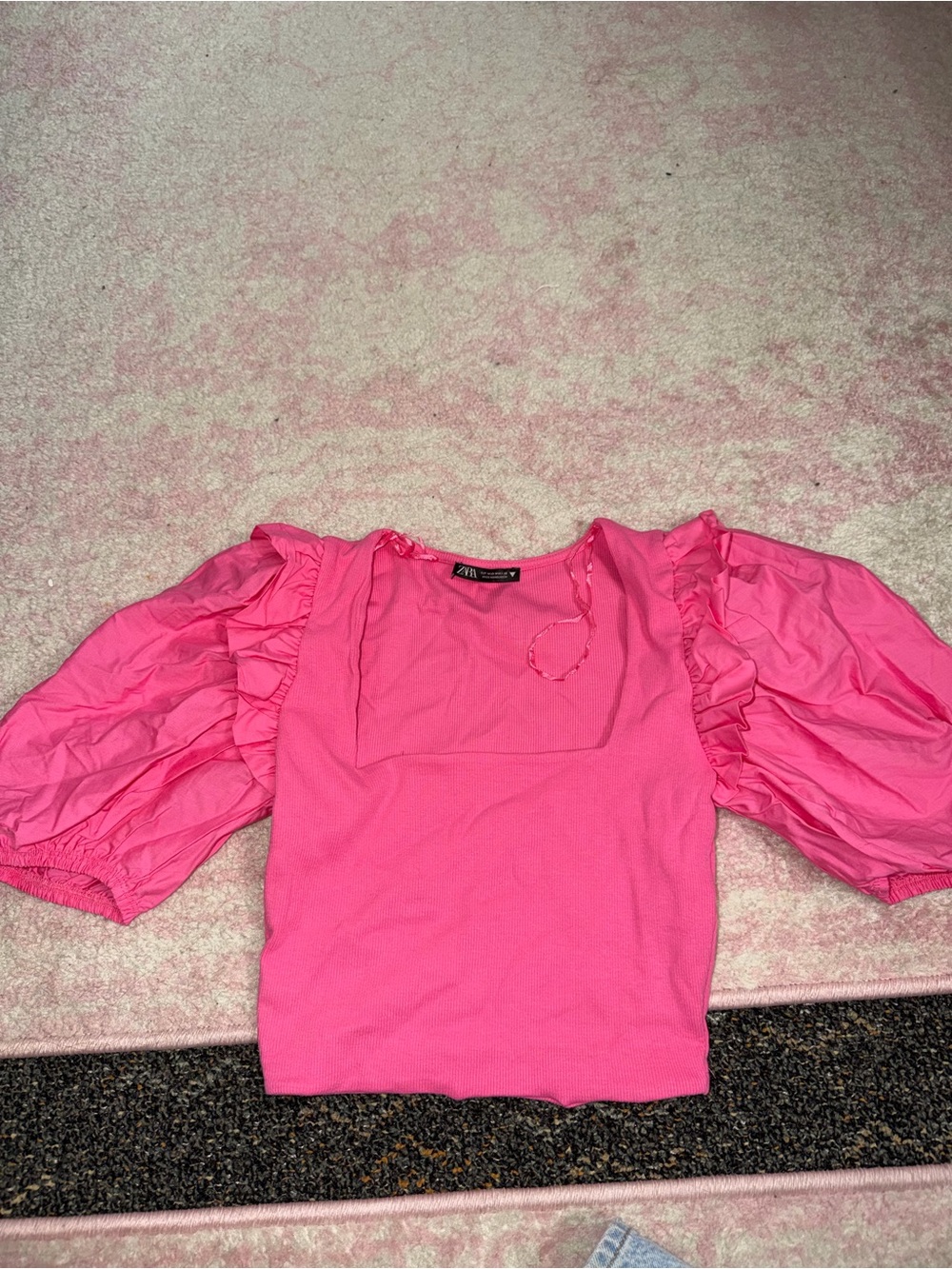 ZARA Hot Pink Puff-Sleeve Square-Neck Blouse